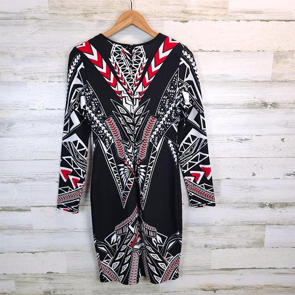Bisou Bisou Michele Bohbot Geometric Print Bodycon Dress Black Red White 10 - Picture 11 of 16